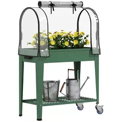 Outsunny Raised Planter with Greenhouse Cover, Mobile Elevated Garden Bed with Wheels and Bottom Shelf for Vegetables, Green - 1