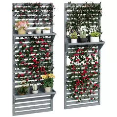 Outsunny Wall Mounted Plant Stands Set of 2, Fir Wood Flower Stand with Shelves and Slatted Trellis for Patio, Balcony, Porch - 1