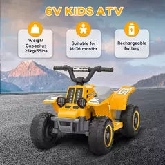 AIYAPLAY 6V Electric Quad Bike for Kids, Ride On ATV w/ Forward/Reverse, Headlights, for Ages 18-36 Months, Yellow - 7