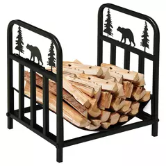 Outsunny Metal Firewood Log Holder Indoor Outdoor Firewood Rack Inner Arced Fireplace Wood Storage Shelf w/ Bear Shape Design, Rust-Resistant, Black, 42W x 33.5D x 43H cm - 1