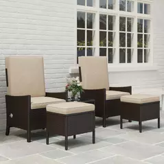 Outsunny 5 Piece Rattan Garden Furniture Set, Wicker Patio Sofa Set with 2 Armchairs, 2 Footstools, Glass Top Coffee Table with Shelf, Outdoor Furniture with Adjustable Backrests, Cushions, Khaki - 9