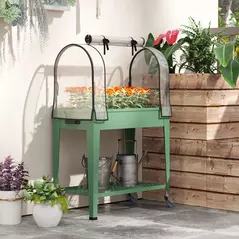Outsunny Raised Planter with Greenhouse Cover, Mobile Elevated Garden Bed with Wheels and Bottom Shelf for Vegetables, Green - 8