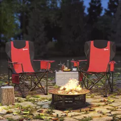 Outsunny Set of 2 Folding Camping Chairs, Padded Camping Chairs with Adjustable Armrests, Portable & Lightweight Folding Camp Chair with Cooler Bag, Cup Holder and Side Pockets, Red - 2