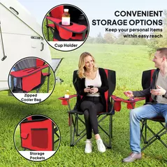 Outsunny Set of 2 Folding Camping Chairs, Padded Camping Chairs with Adjustable Armrests, Portable & Lightweight Folding Camp Chair with Cooler Bag, Cup Holder and Side Pockets, Red - 6