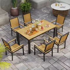 Outsunny 6 Seater Garden Dining Set with Stackable Chairs, Aluminium Frame, Rectangular Plastic Top, Garden Furniture Set, Outdoor Dining Table and Chairs for Patio, Balcony, Poolside, Nature Wood - 7