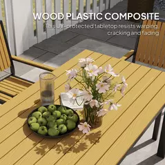 Outsunny 6 Seater Garden Dining Set with Stackable Chairs, Aluminium Frame, Rectangular Plastic Top, Garden Furniture Set, Outdoor Dining Table and Chairs for Patio, Balcony, Poolside, Nature Wood - 6