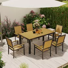 Outsunny 6 Seater Garden Dining Set with Stackable Chairs, Aluminium Frame, Rectangular Plastic Top, Garden Furniture Set, Outdoor Dining Table and Chairs for Patio, Balcony, Poolside, Nature Wood - 9