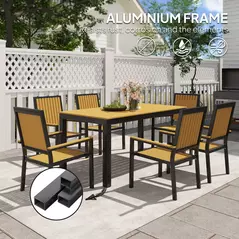 Outsunny 6 Seater Garden Dining Set with Stackable Chairs, Aluminium Frame, Rectangular Plastic Top, Garden Furniture Set, Outdoor Dining Table and Chairs for Patio, Balcony, Poolside, Nature Wood - 4