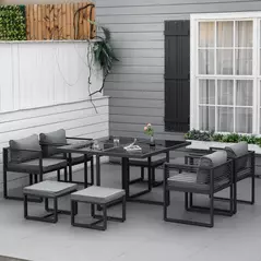 Outsunny Nine-Piece Aluminium Garden Set, with Glass-Top Table - Grey - 2