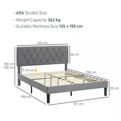 HOMCOM Double Bed Frame with 5-Level Adjustable Linen Upholstered Headboard 145W x 196D x 120Hcm, Grey - 3