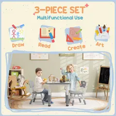 AIYAPLAY Height Adjustable Toddler Table and Chair Set, 3 Pcs Children Activity Table w/ 2 Chairs, for Playroom, Bedroom - Grey - 5