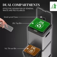 HOMCOM 34L Double Compartment Kitchen Bin, with Soft-Close Lid - 4