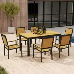 Outsunny 6 Seater Garden Dining Set with Stackable Chairs, Aluminium Frame, Rectangular Plastic Top, Garden Furniture Set, Outdoor Dining Table and Chairs for Patio, Balcony, Poolside, Nature Wood - 8