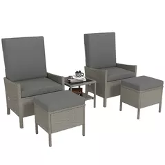 Outsunny 5 Piece Rattan Garden Furniture Set, Wicker Patio Sofa Set with 2 Armchairs, 2 Footstools, Glass Top Coffee Table with Shelf, Outdoor Furniture with Adjustable Backrests, Cushions, Dark Grey - 1