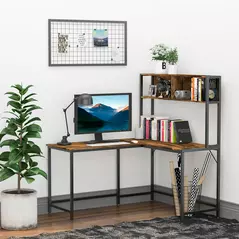 HOMCOM L Shaped Desk with Book Shelf, Industrial Corner Computer Desk, Writing Table with Steel Frame for Home Office, Bedroom, Study Room, 140 x 125cm, Brown - 2