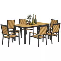 Outsunny 6 Seater Garden Dining Set with Stackable Chairs, Aluminium Frame, Rectangular Plastic Top, Garden Furniture Set, Outdoor Dining Table and Chairs for Patio, Balcony, Poolside, Nature Wood - 1