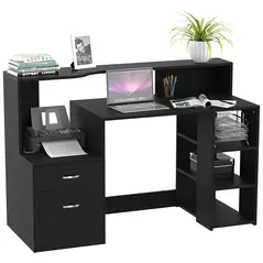 HOMCOM Computer Desk with Drawers and Storage Shelves, Office Desk Writing Table with Printer Stand, Large Workstation for Study Play Work Home Office, 137 x 55 x 92cm, Black - 1