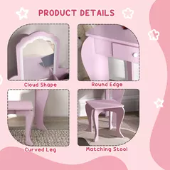 ZONEKIZ Kids Vanity Table with Mirror, Stool, Drawer, Storage Boxes, Cloud Design, for Ages 3-6 Years - Pink - 7