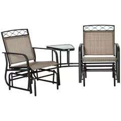 Outsunny Double Outdoor Glider Chair, 2 Seater Patio Rocking Chairs, Swing Bench with Tempered Glass Table, Breathable Mesh Fabric for Backyard, Garden, Porch, Brown - 1