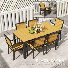 Outsunny 6 Seater Garden Dining Set with Stackable Chairs, Aluminium Frame, Rectangular Plastic Top, Garden Furniture Set, Outdoor Dining Table and Chairs for Patio, Balcony, Poolside, Nature Wood - 5