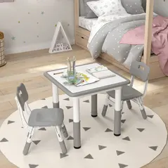 AIYAPLAY Height Adjustable Toddler Table and Chair Set, 3 Pcs Children Activity Table w/ 2 Chairs, for Playroom, Bedroom - Grey - 8