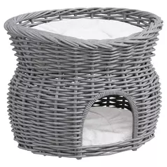 PawHut 2-Tier Wicker Cat House Elevated Pet Bed Basket Willow Kitten Tower Pet Den. with Washable Cushions 56x37x40cm Grey - 1