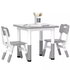 AIYAPLAY Height Adjustable Toddler Table and Chair Set, 3 Pcs Children Activity Table w/ 2 Chairs, for Playroom, Bedroom - Grey - 1