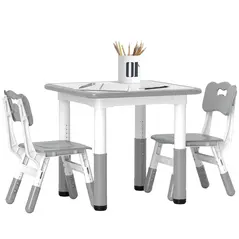 AIYAPLAY Height Adjustable Toddler Table and Chair Set, 3 Pcs Children Activity Table w/ 2 Chairs, for Playroom, Bedroom - Grey - 1