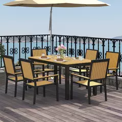 Outsunny 6 Seater Garden Dining Set with Stackable Chairs, Aluminium Frame, Rectangular Plastic Top, Garden Furniture Set, Outdoor Dining Table and Chairs for Patio, Balcony, Poolside, Nature Wood - 2