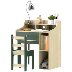 AIYAPLAY Kids Desk and Chair Set with Storage Shelves and Drawer, Green - 1