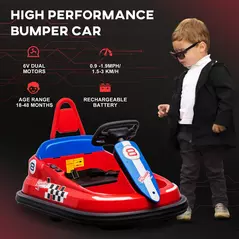 HOMCOM 6V Electric Kids Bumper Car, 6V Spin Waltz Car, with Music, Horn, Lights - Red - 7