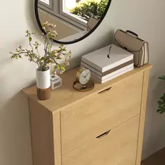 HOMCOM Slim Shoe Cabinet, Narrow Shoe Cupboard with 3 Drawers, Adjustable Shelves for 18 Pairs of Shoes, Natural Wood Finish - 8