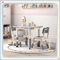 AIYAPLAY Height Adjustable Toddler Table and Chair Set, 3 Pcs Children Activity Table w/ 2 Chairs, for Playroom, Bedroom - Grey - 3