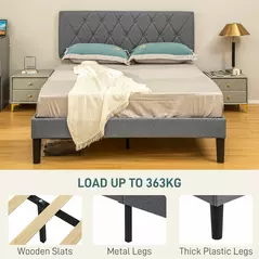 HOMCOM Double Bed Frame with 5-Level Adjustable Linen Upholstered Headboard 145W x 196D x 120Hcm, Grey - 6