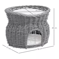 PawHut 2-Tier Wicker Cat House Elevated Pet Bed Basket Willow Kitten Tower Pet Den. with Washable Cushions 56x37x40cm Grey - 3