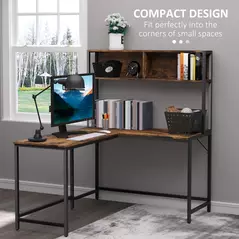HOMCOM L Shaped Desk with Book Shelf, Industrial Corner Computer Desk, Writing Table with Steel Frame for Home Office, Bedroom, Study Room, 140 x 125cm, Brown - 4