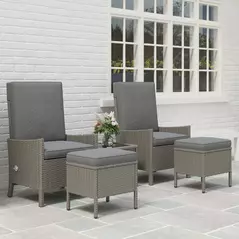 Outsunny 5 Piece Rattan Garden Furniture Set, Wicker Patio Sofa Set with 2 Armchairs, 2 Footstools, Glass Top Coffee Table with Shelf, Outdoor Furniture with Adjustable Backrests, Cushions, Dark Grey - 9
