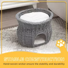 PawHut 2-Tier Wicker Cat House Elevated Pet Bed Basket Willow Kitten Tower Pet Den. with Washable Cushions 56x37x40cm Grey - 4