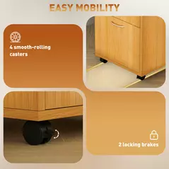 HOMCOM 60cm Filing Cabinet with Drawer, Open Shelf, Metal Handles and 4 Wheels, Office Home Organiser Mobile Printer, Natural Wood Finish - 6