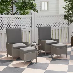 Outsunny 5 Piece Rattan Garden Furniture Set, Wicker Patio Sofa Set with 2 Armchairs, 2 Footstools, Glass Top Coffee Table with Shelf, Outdoor Furniture with Adjustable Backrests, Cushions, Dark Grey - 2