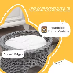 PawHut 2-Tier Wicker Cat House Elevated Pet Bed Basket Willow Kitten Tower Pet Den. with Washable Cushions 56x37x40cm Grey - 6