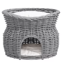 PawHut 2-Tier Wicker Cat House Elevated Pet Bed Basket Willow Kitten Tower Pet Den. with Washable Cushions 56x37x40cm Grey - 7