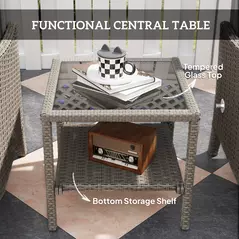 Outsunny 5 Piece Rattan Garden Furniture Set, Wicker Patio Sofa Set with 2 Armchairs, 2 Footstools, Glass Top Coffee Table with Shelf, Outdoor Furniture with Adjustable Backrests, Cushions, Dark Grey - 7