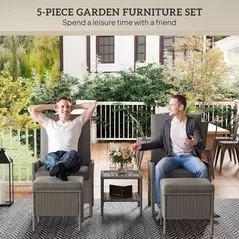 Outsunny 5 Piece Rattan Garden Furniture Set, Wicker Patio Sofa Set with 2 Armchairs, 2 Footstools, Glass Top Coffee Table with Shelf, Outdoor Furniture with Adjustable Backrests, Cushions, Dark Grey - 4