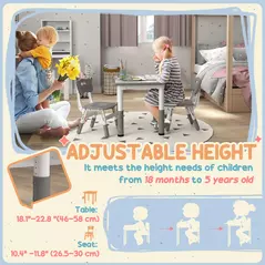 AIYAPLAY Height Adjustable Toddler Table and Chair Set, 3 Pcs Children Activity Table w/ 2 Chairs, for Playroom, Bedroom - Grey - 4