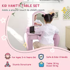 ZONEKIZ Kids Vanity Table with Mirror, Stool, Drawer, Storage Boxes, Cloud Design, for Ages 3-6 Years - Pink - 4