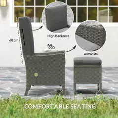 Outsunny 5 Piece Rattan Garden Furniture Set, Wicker Patio Sofa Set with 2 Armchairs, 2 Footstools, Glass Top Coffee Table with Shelf, Outdoor Furniture with Adjustable Backrests, Cushions, Dark Grey - 5
