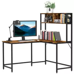 HOMCOM L Shaped Desk with Book Shelf, Industrial Corner Computer Desk, Writing Table with Steel Frame for Home Office, Bedroom, Study Room, 140 x 125cm, Brown - 1