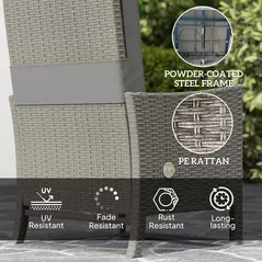 Outsunny 5 Piece Rattan Garden Furniture Set, Wicker Patio Sofa Set with 2 Armchairs, 2 Footstools, Glass Top Coffee Table with Shelf, Outdoor Furniture with Adjustable Backrests, Cushions, Dark Grey - 8