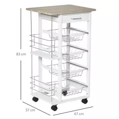 HOMCOM Rolling Kitchen Cart, Utility Storage Cart with 4 Basket Drawers & Side Racks, Wheels for Dining Room, Natural and White - 3